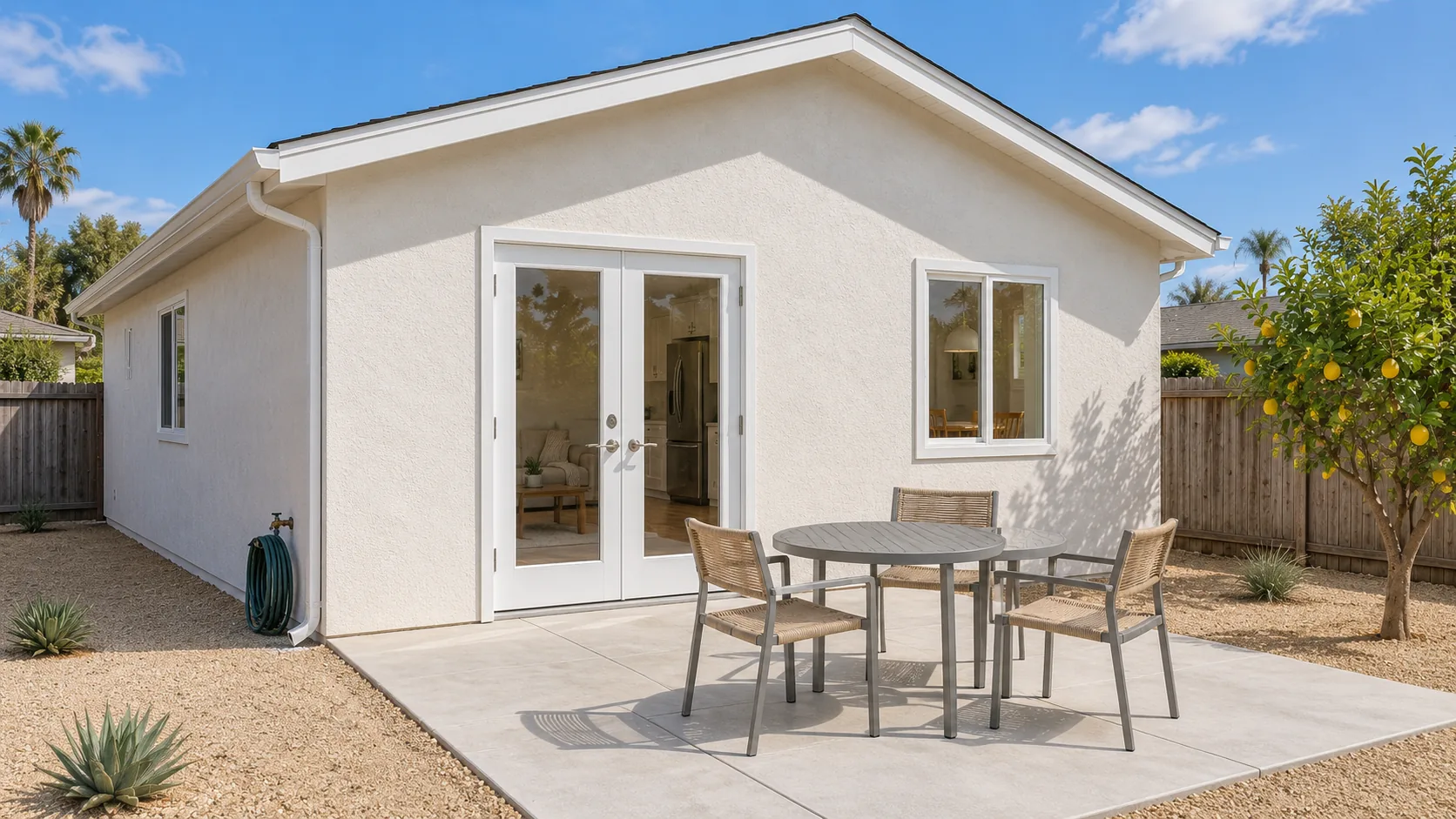 Concept image: a white stucco backyard ADU with French doors, a concrete patio and a lemon tree on a clear morning.