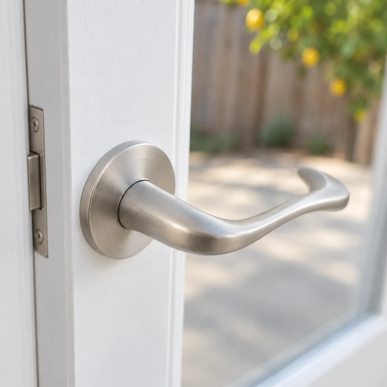 Concept image: a satin nickel lever on the white French doors of the ADU, with the patio and a lemon tree out of focus behind the glass.