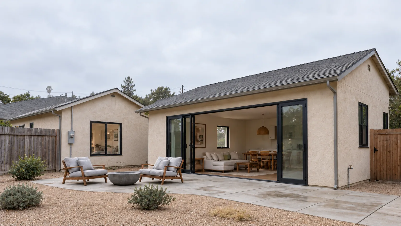 Concept image: a pale stucco home opening onto its gravel back patio through wide glass doors on an overcast morning.