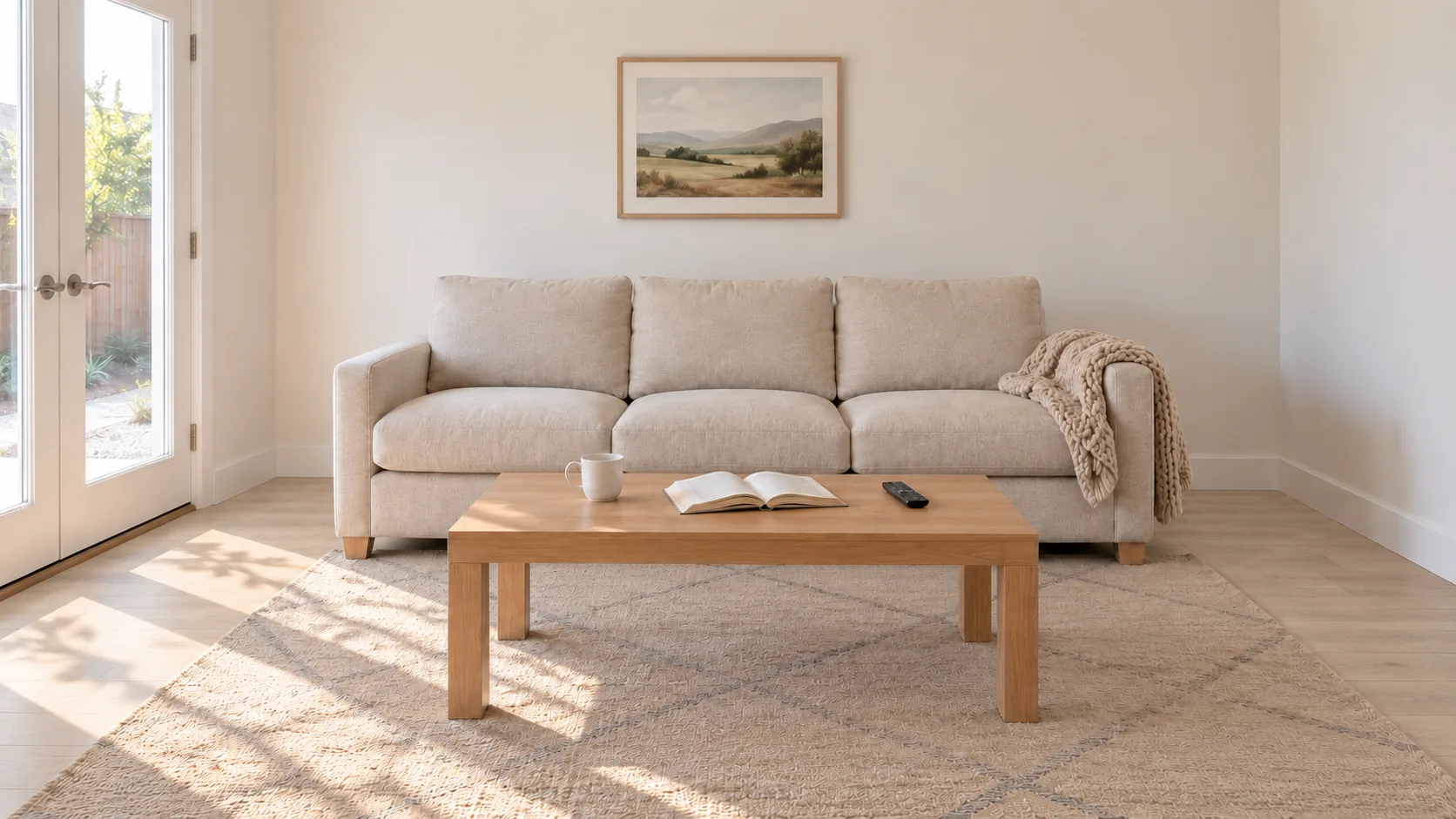 Concept image: the ADU living room with a linen sofa, an oak coffee table, a mug and an open book.