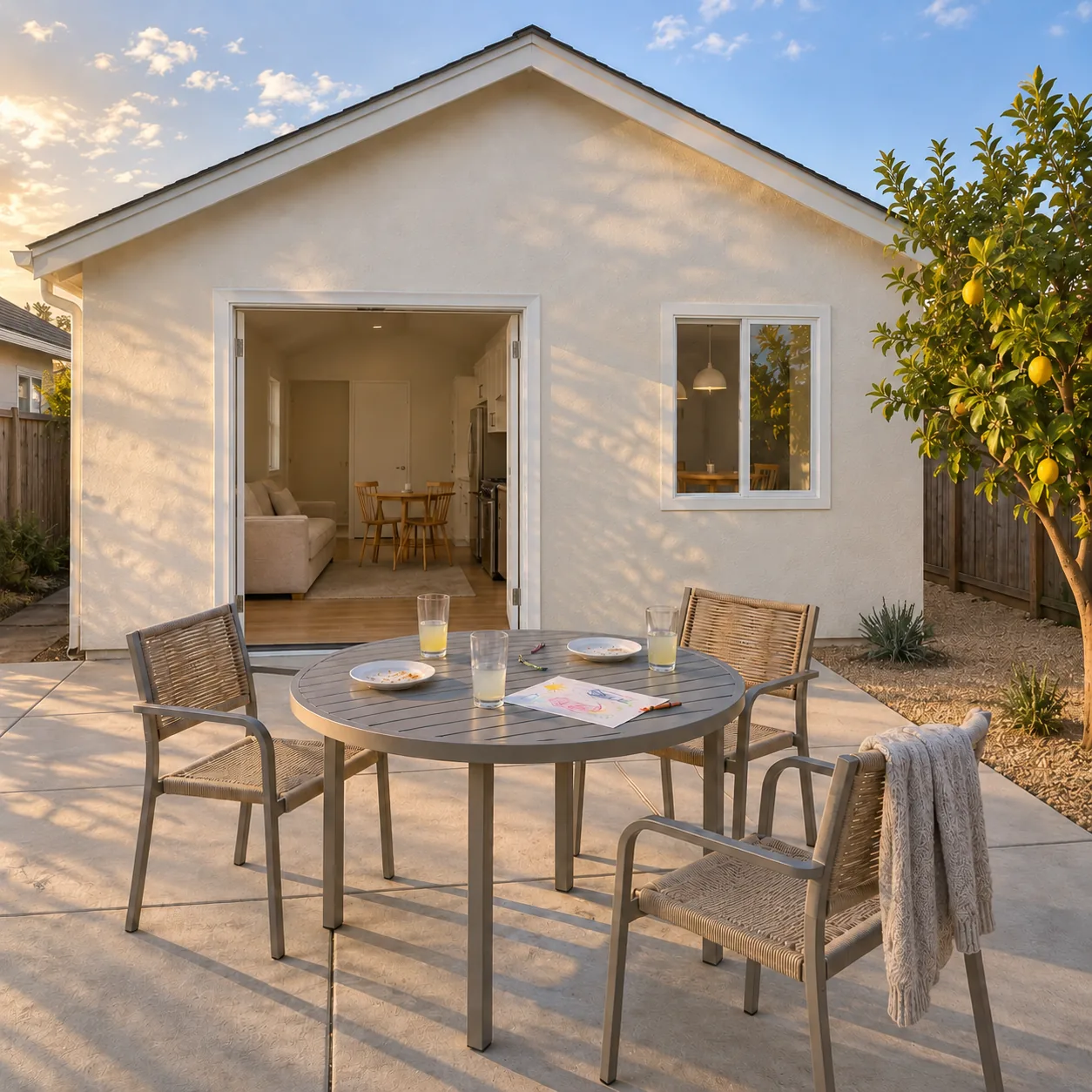 Concept image: a patio table left after a family meal, in front of a white stucco backyard ADU with its French doors open.