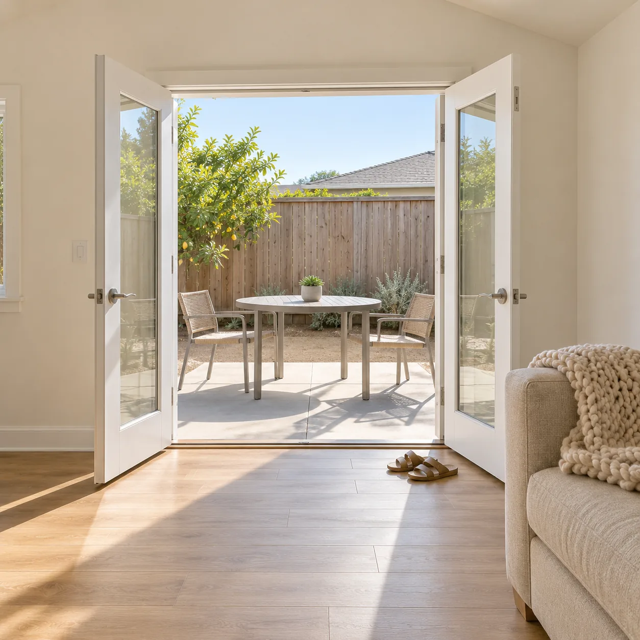 Concept image: open French doors from the ADU living room to a patio with a lemon tree.