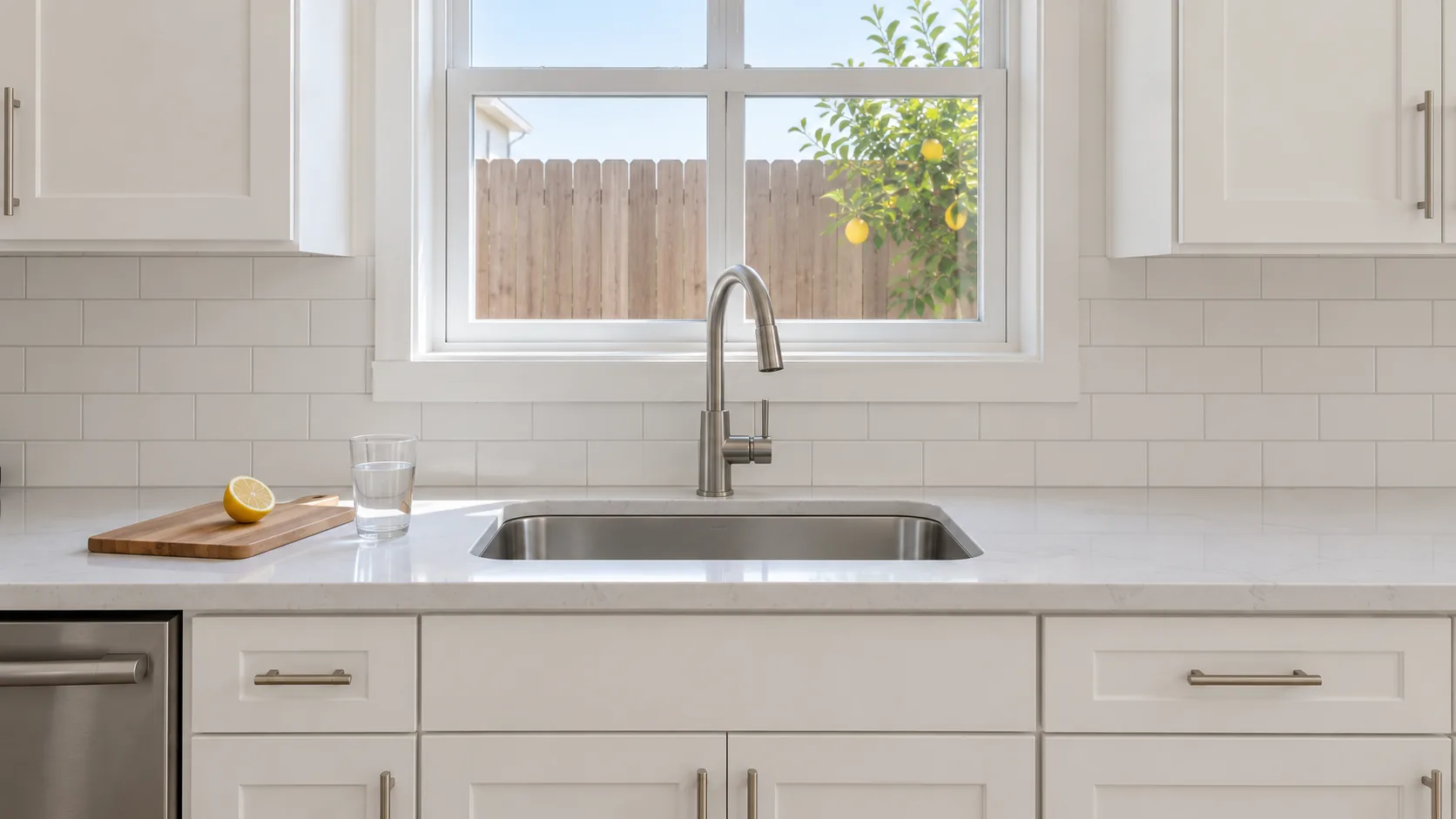 Concept image: the ADU kitchen sink under a window, with white shaker cabinets, quartz and subway tile.