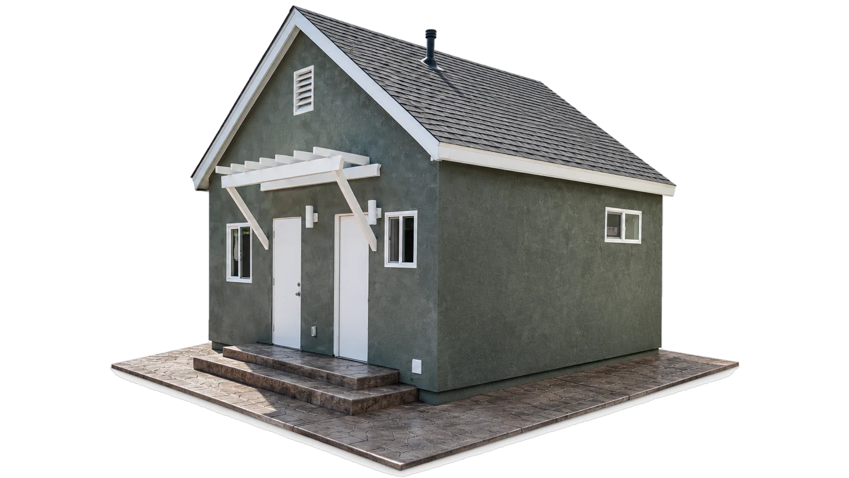 Concept image based on a backyard ADU built by AS Builders: gray-green stucco, white trim and a stamped concrete patio.