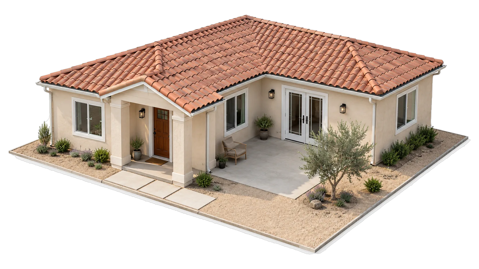 Concept image: a 1,200 sq ft single-story detached ADU with a clay tile roof and its patio.