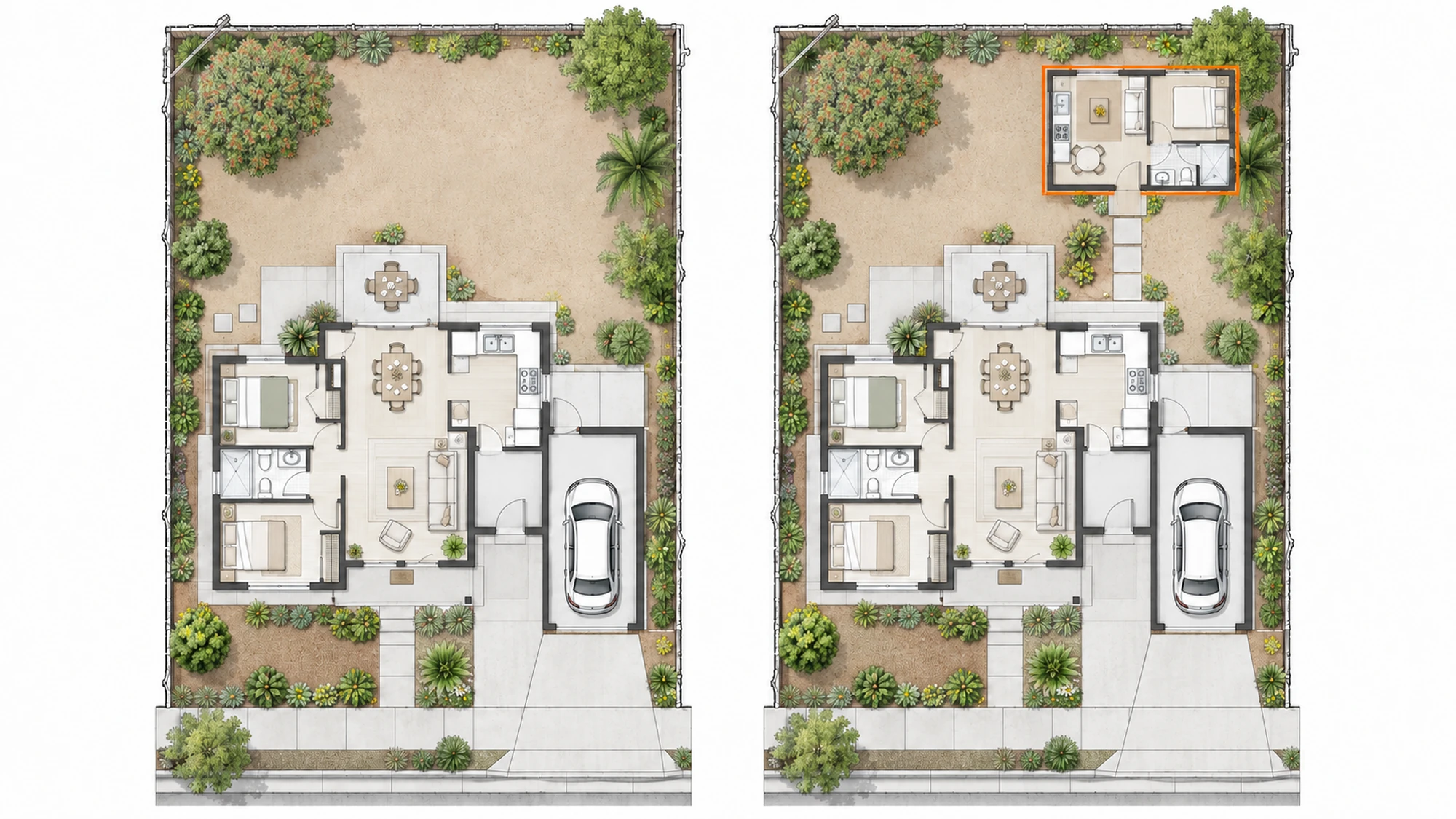 Concept site plan in two states: the lot and house today, and the same lot with a detached ADU in the back yard.