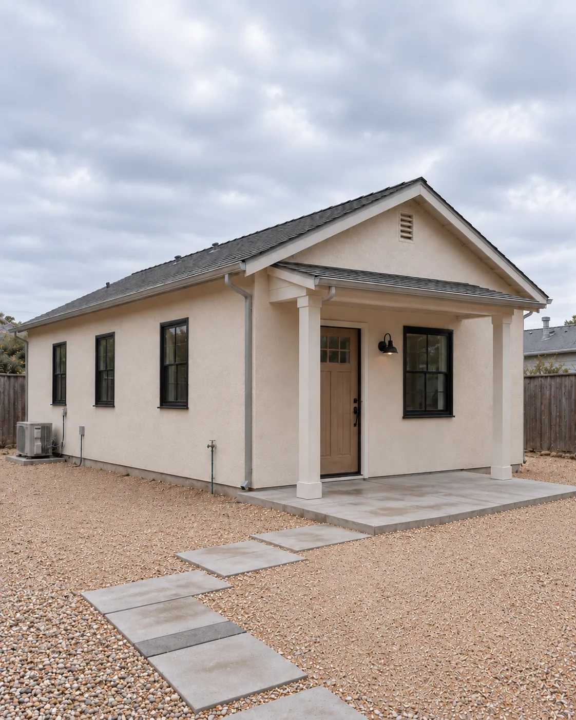 Concept image: a single-story stucco ADU with a covered porch and black-framed windows in a gravel back yard.